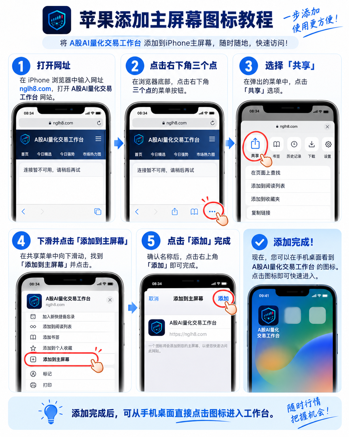 苹果添加主屏幕教程：打开 nglh8.com，点击右下角三个点，选择共享，下滑点击添加到主屏幕，最后点击添加